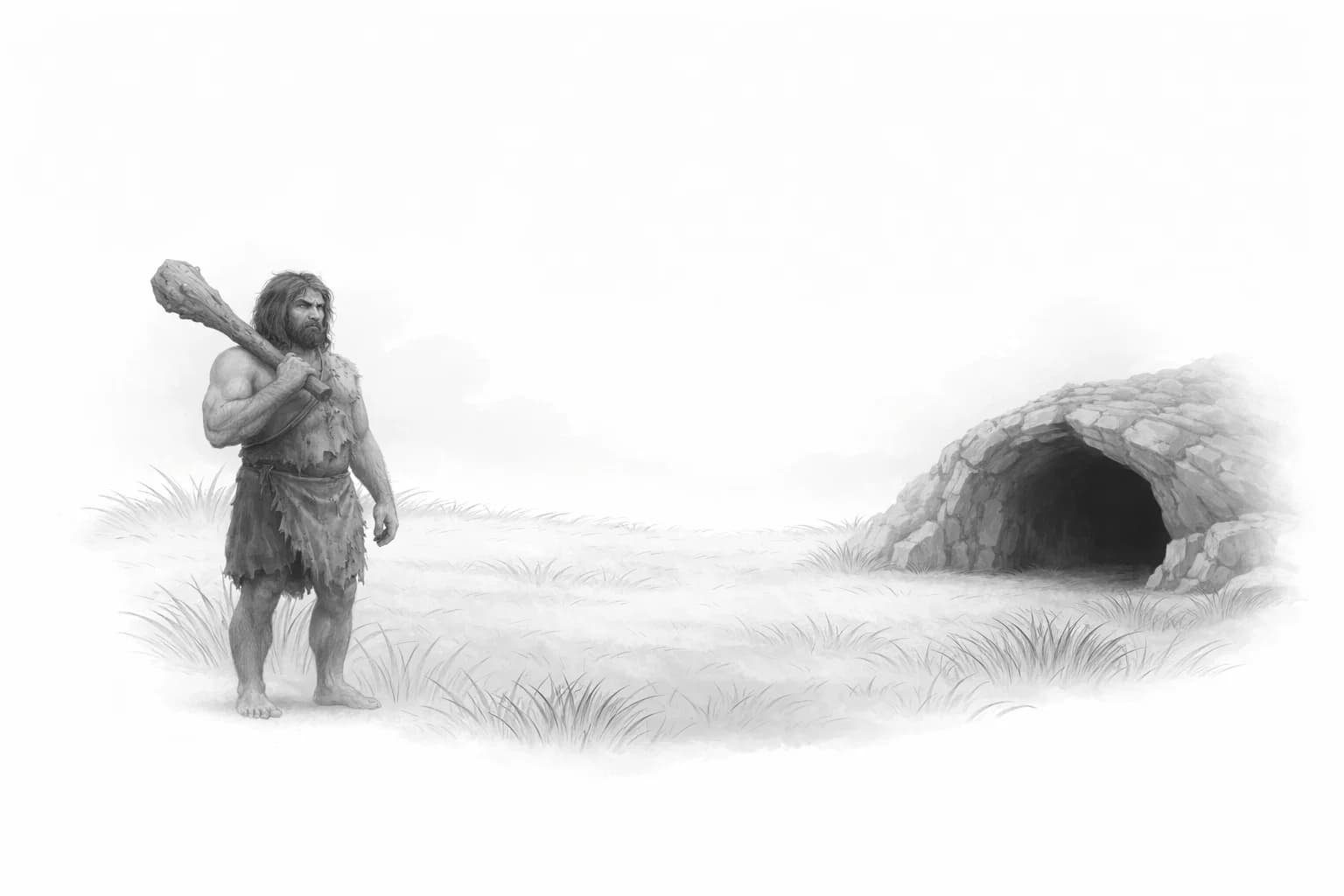 Illustration of a meadow a cave and a primitive man